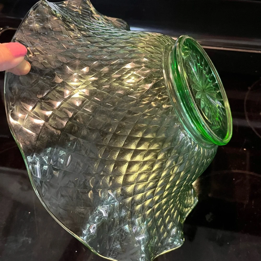 Vintage Emerald Green Diamond Point Art Glass Basket Bowl 12”